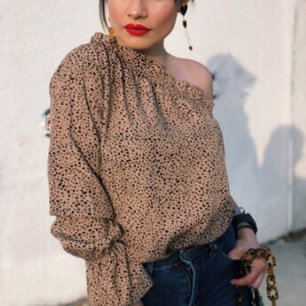 Polka Dot Leopard One Shoulder Ruffle Trim - Picture 5 of 5
